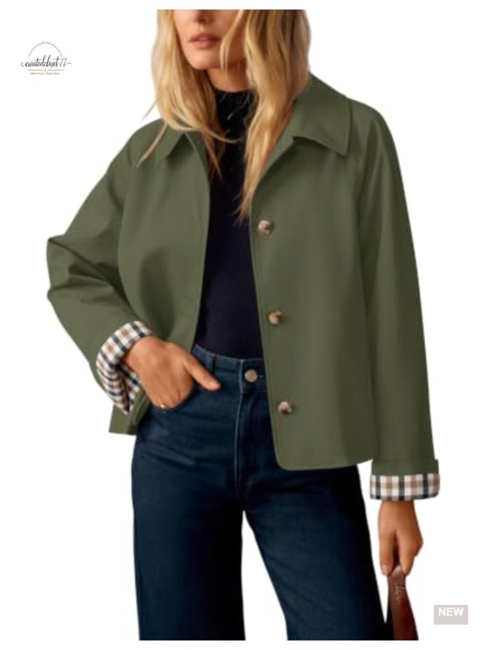 Cropped Trench Coat Plaid Button Front Lightweight Fall Jacket